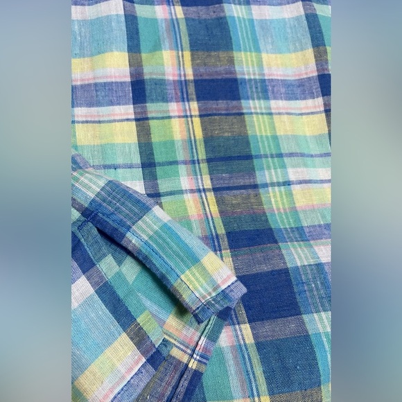 IZOD Men's LG Classic Plaid Button Down Short Sleeve Shirt Casual Linen Blend - Picture 6 of 9